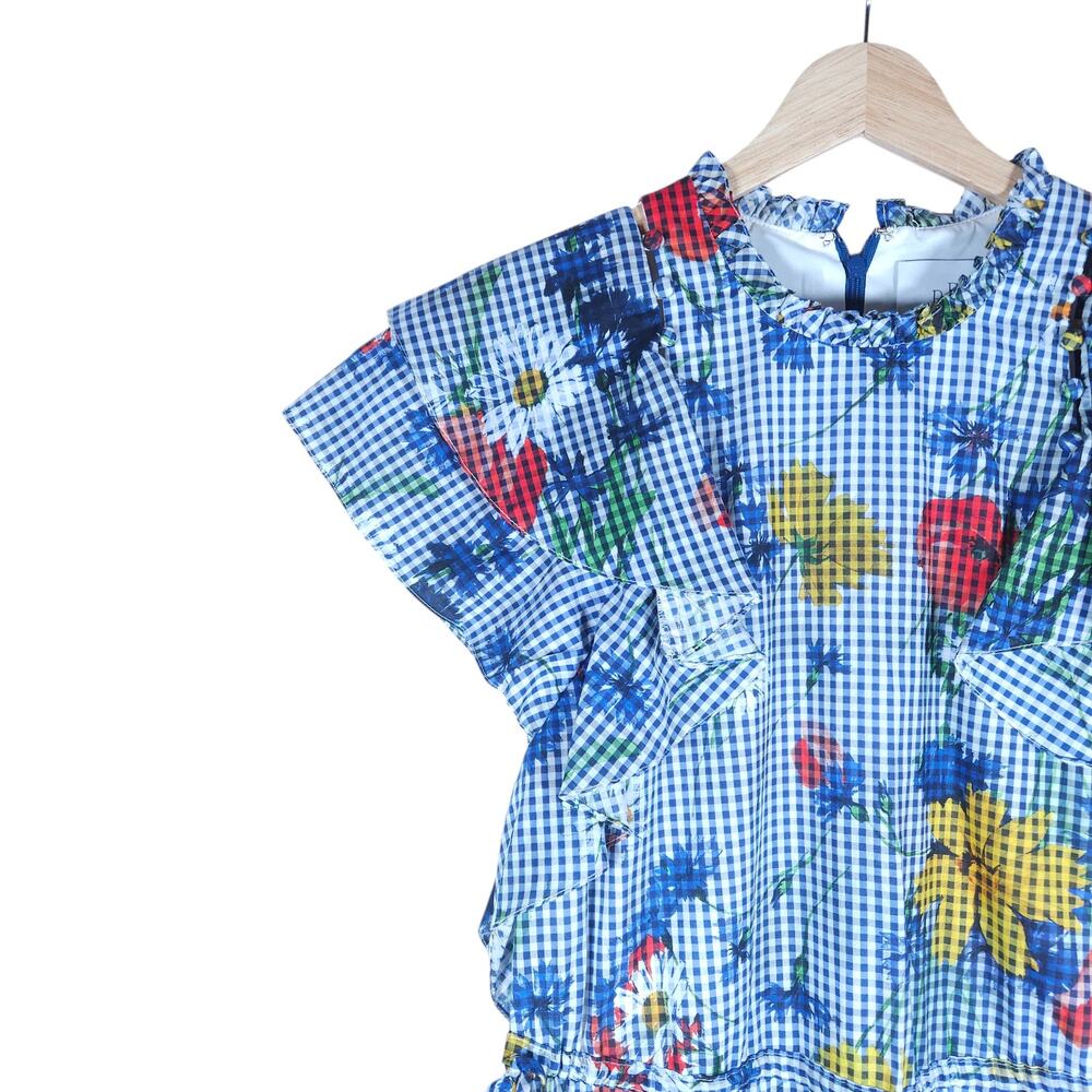 Pearl by Lela Rose Floral Gingham Dress 8 Blue White Ruffle Detail Cottagecore - Picture 3 of 15